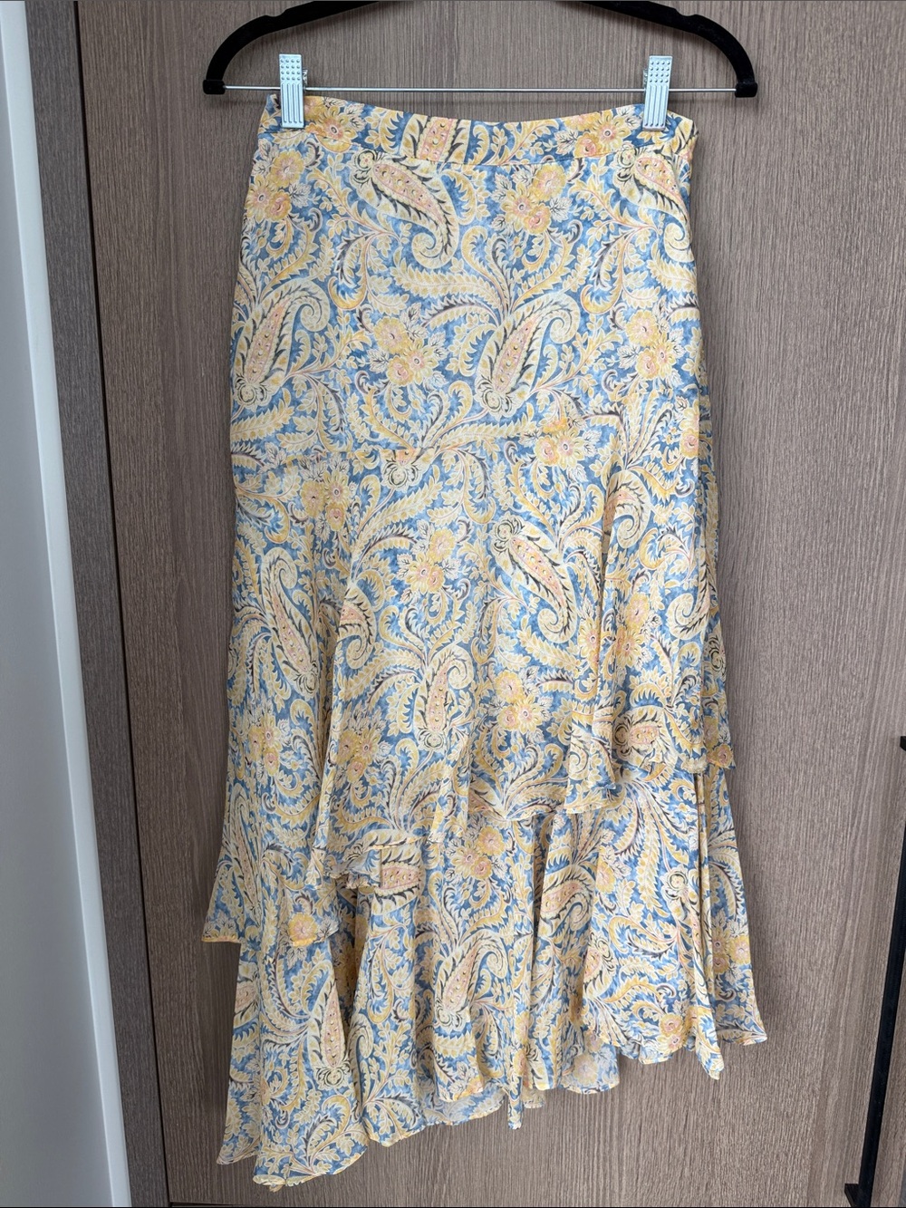 Veronica Beard Paisley Floral Ruffle Maxi Skirt - Cream, Blue & Yellow
